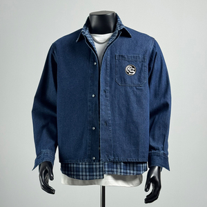 Double Layers 100% Cotton Vintage Washed Denim Shirt Plaid