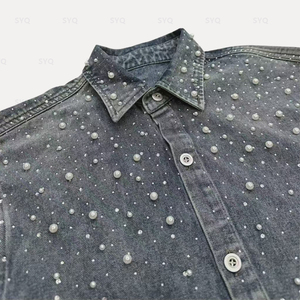 Bleach Washed Pearl Fashion Trendy Denim Shirt for Men