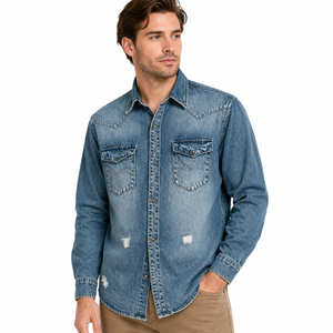 2026 Men Stone Wash Denim Long Sleeve Shirt