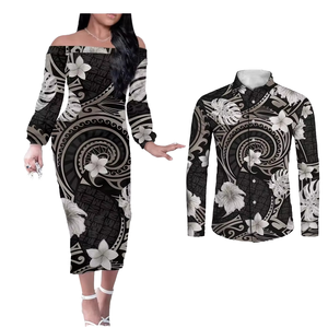Custom Logo Wholesale Low MOQ Polynesian Tribal Print Off Shoulder Women Midi Dress Men Shirt Matching Couples Apparel Set