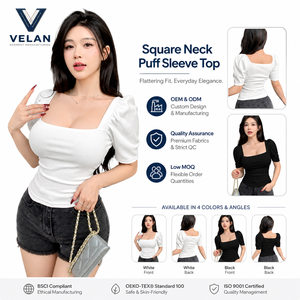 VELAN New Style Sweet Alluring Square-Neck Puff-Sleeve Women's T-shirt Summer Cropped Knitted Sassy Look Women's Top