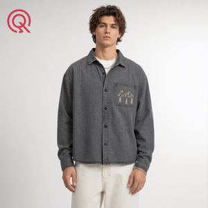 Cropped Denim Shirt for Men Raw Hem Digital Print