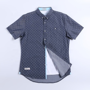 Dot Printed Denim Mens Shirt Button Down Short Sleeve